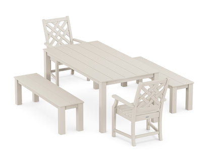 POLYWOOD Wovendale 5-Piece Parsons Dining Set with Benches in Sand