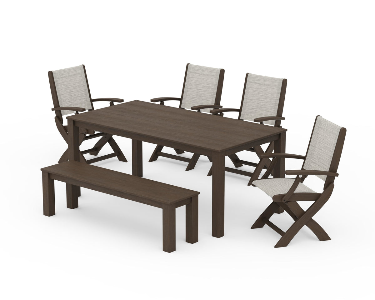 POLYWOOD Coastal Folding Chair 6-Piece Parsons Dining Set with Bench in Kona / Birch