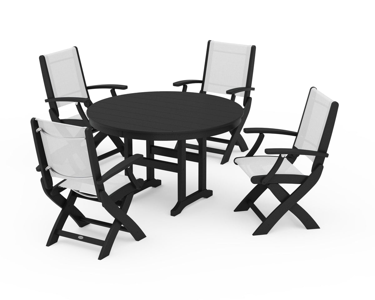 POLYWOOD Coastal Folding Chair 5-Piece Round Dining Set in Black / White