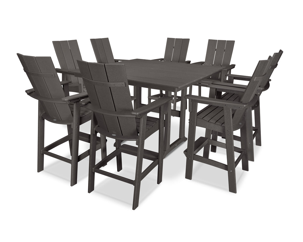 POLYWOOD Modern Curveback Adirondack 9-Piece Farmhouse Trestle Bar Set in Vintage Coffee
