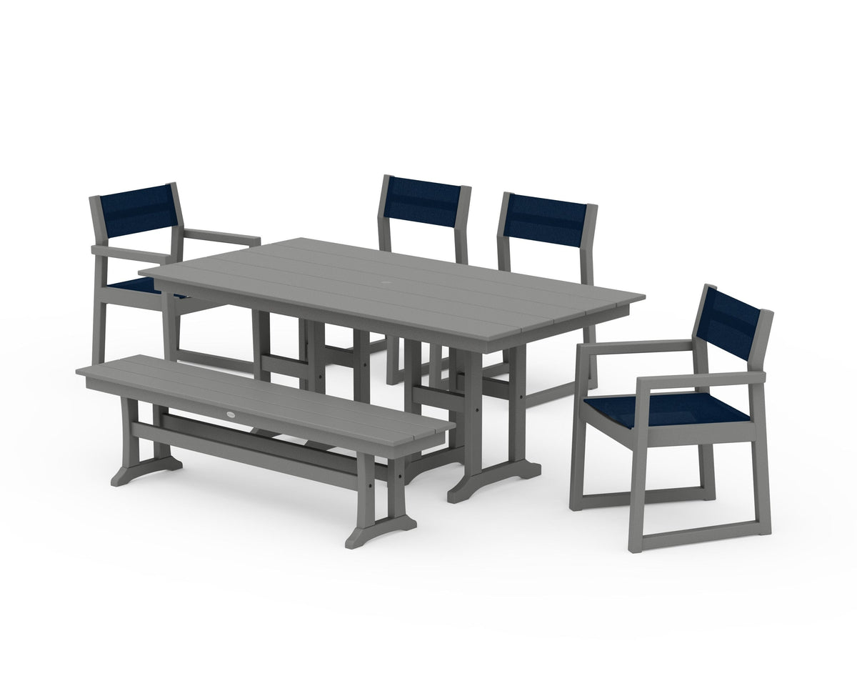 POLYWOOD EDGE Sling 6-Piece Farmhouse Dining Set in Slate Grey / Navy Blue