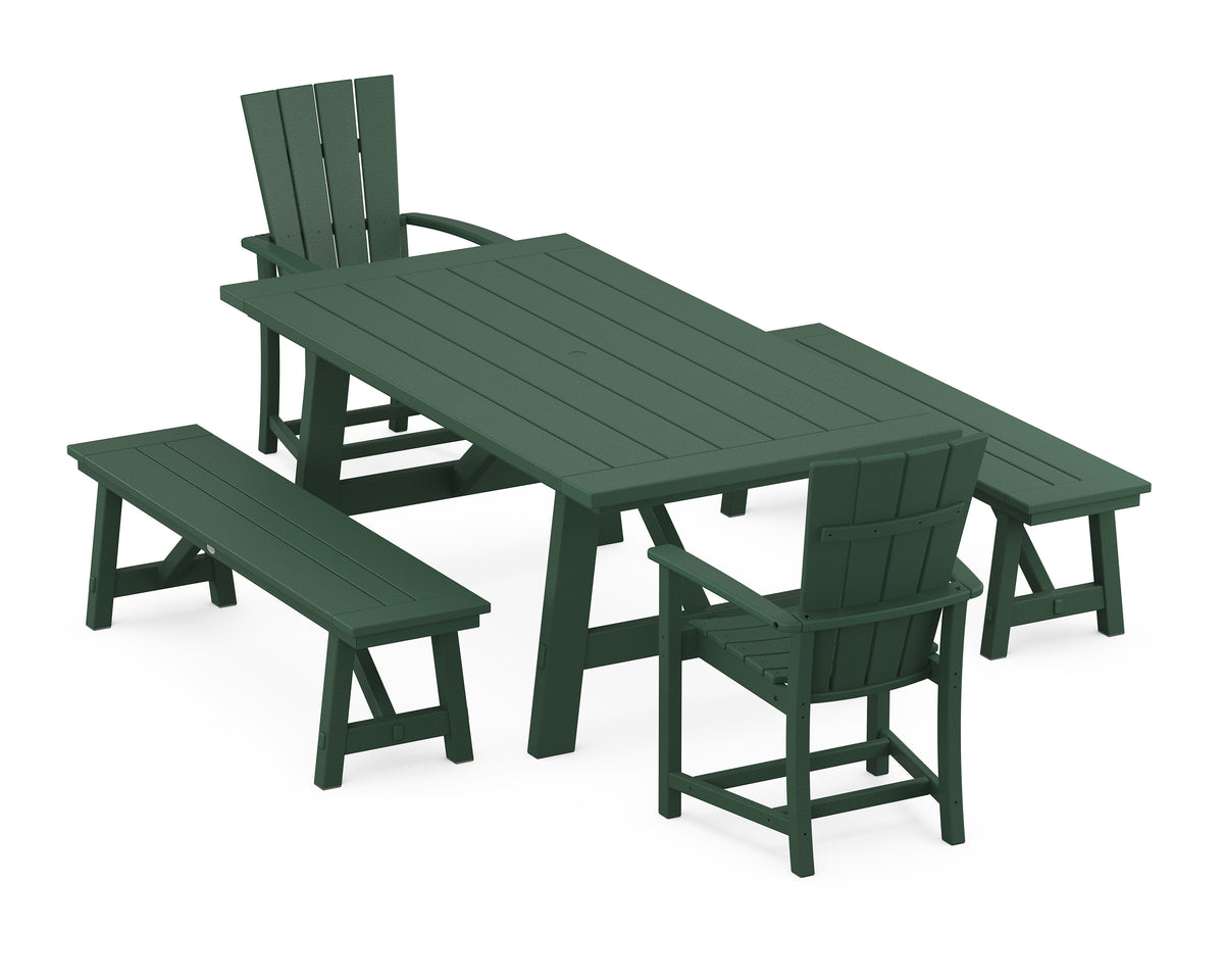 POLYWOOD Quattro 5-Piece Rustic Farmhouse Dining Set with Benches in Green