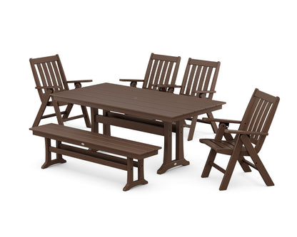 POLYWOOD Vineyard 6-Piece Folding Chair Farmhouse Dining Set with Trestle Legs and Bench in Mahogany