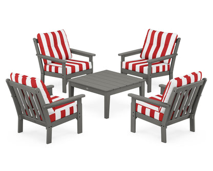 POLYWOOD Vineyard 5-Piece Deep Seating Conversation Set in Slate Grey / Cabana Stripe Crimson