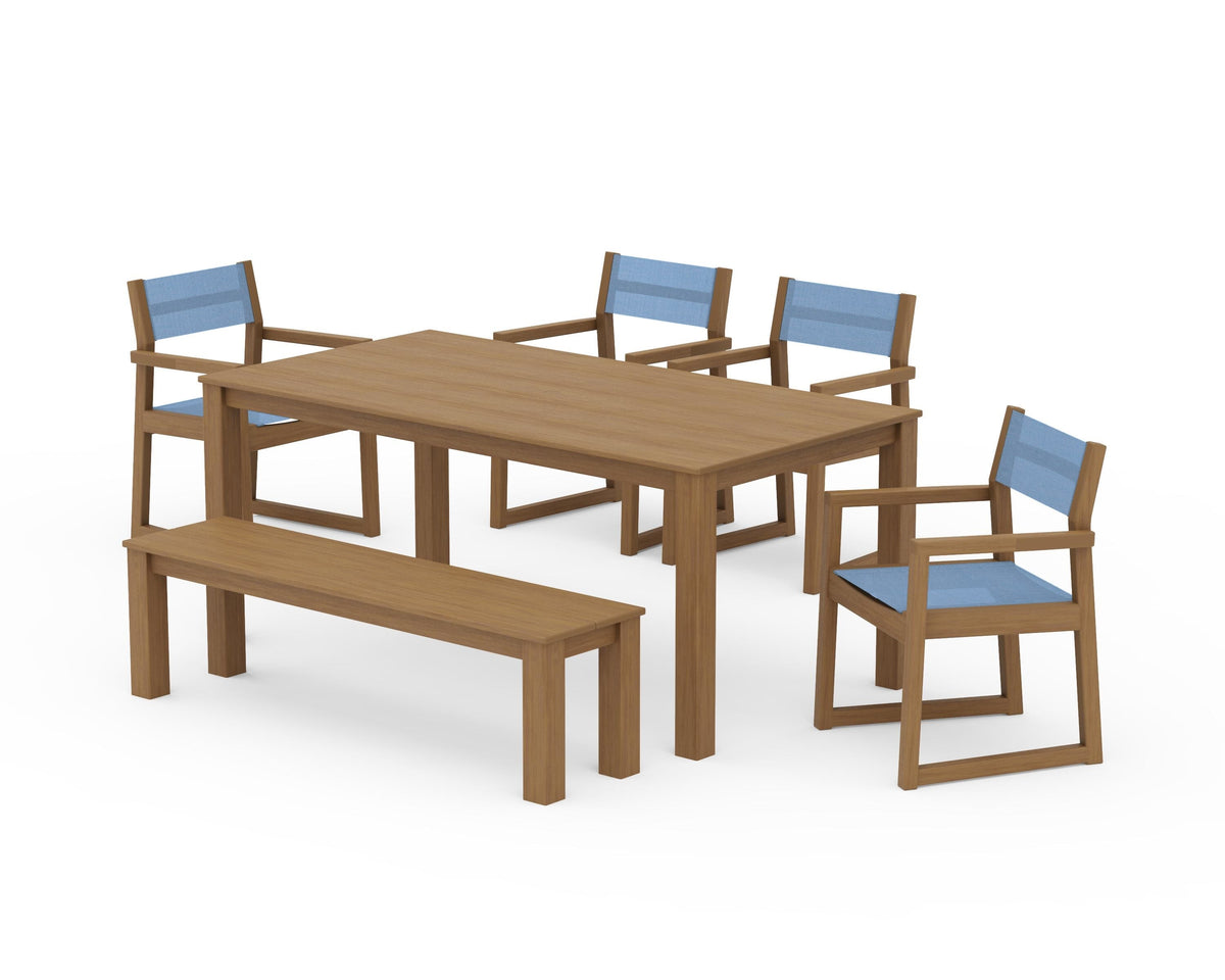 POLYWOOD EDGE Sling Arm Chair 6-Piece Parsons Dining Set with Bench in Natural / Poolside