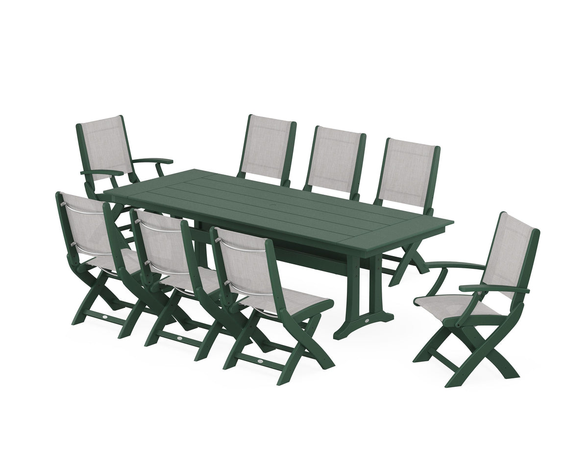 POLYWOOD Coastal 9-Piece Folding Dining Chair Farmhouse Dining Set with Trestle Legs in Green / Parchment