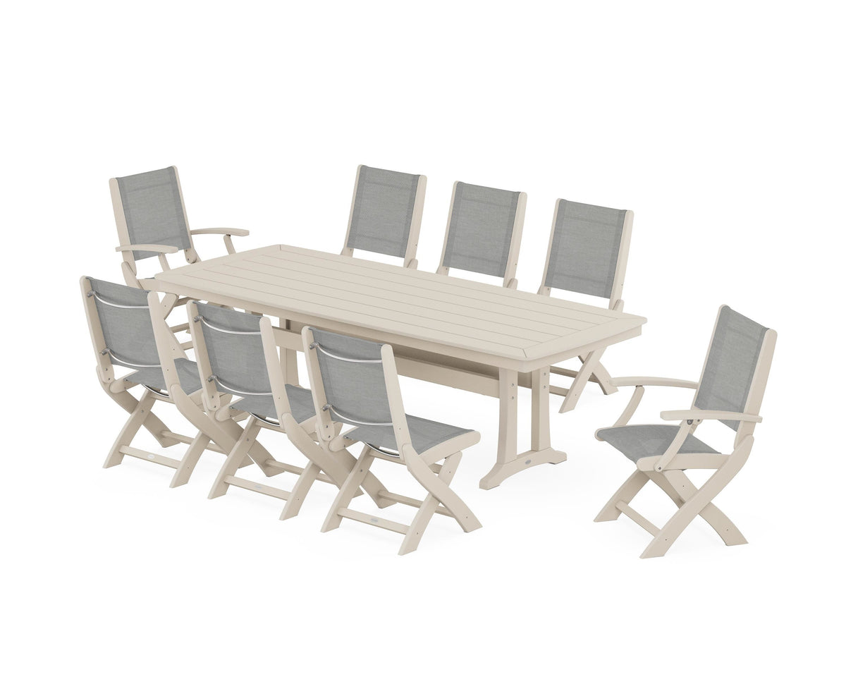 POLYWOOD Coastal Folding 9-Piece Dining Set with Trestle Legs in Sand / Metallic