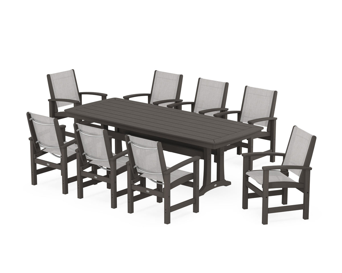 POLYWOOD Coastal 9-Piece Dining Set with Trestle Legs in Vintage Coffee / Parchment