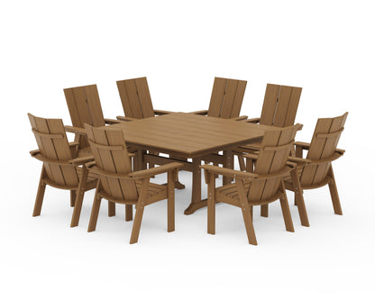 POLYWOOD Modern Curveback Adirondack 9-Piece Farmhouse Trestle Dining Set in Natural