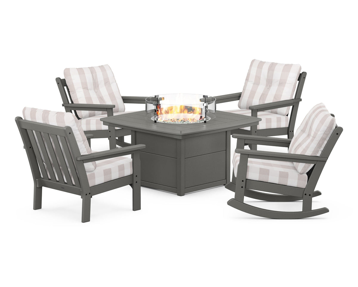 POLYWOOD Vineyard 5-Piece Deep Seating Rocking Chair Conversation Set with Fire Pit Table in Slate Grey / Buffalo Plaid Dune Burlap
