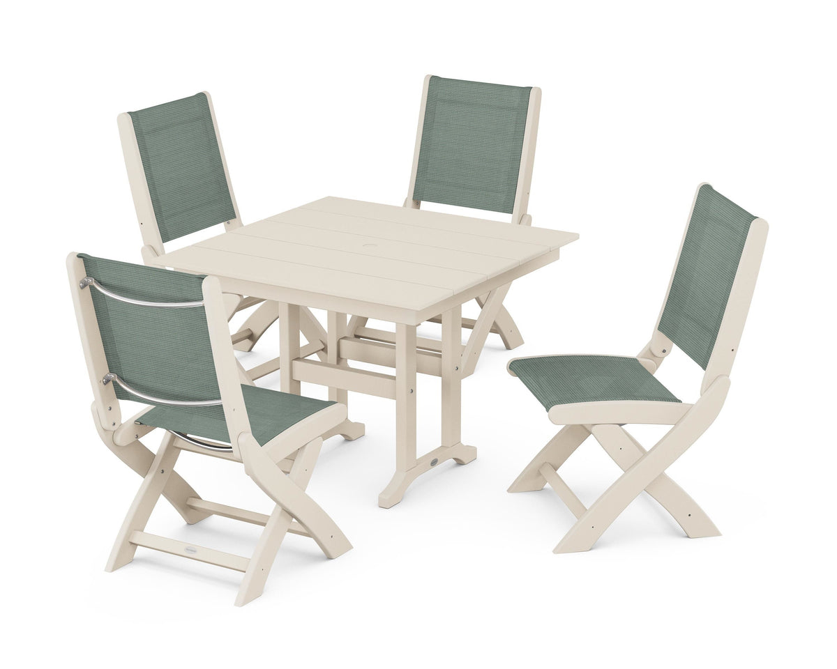 POLYWOOD Coastal Folding Side Chair 5-Piece Farmhouse Dining Set in Sand / Dupioni Sea Mist