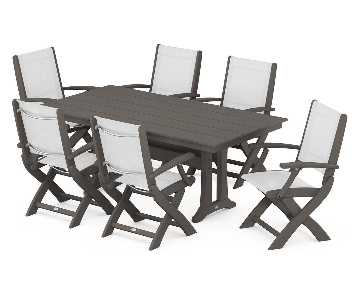 POLYWOOD Coastal Folding Arm Chair 7-Piece Farmhouse Dining Set with Trestle Legs in Vintage Coffee / White