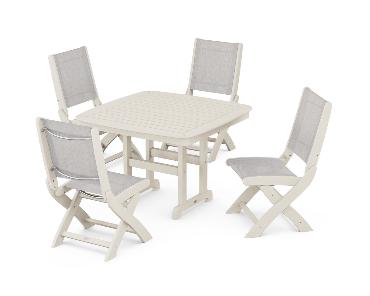 POLYWOOD Coastal Folding Side Chair 5-Piece Dining Set with Nautical 44" Dining Table in Sand / Parchment