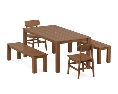 POLYWOOD Modern Studio Urban Chair 5-Piece Parsons Dining Set with Benches - 38" x 72" Table in Teak