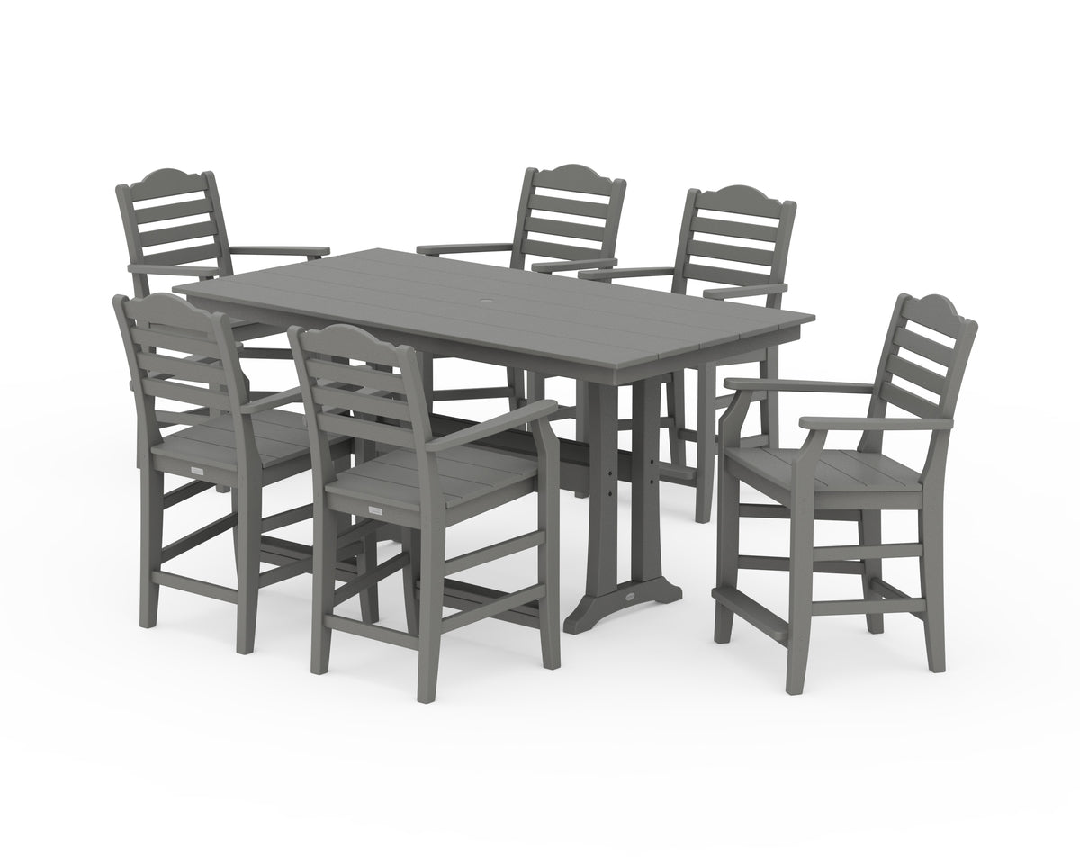 POLYWOOD Savannah Arm Chair 7-Piece Farmhouse Counter Set with Trestle Legs in Slate Grey