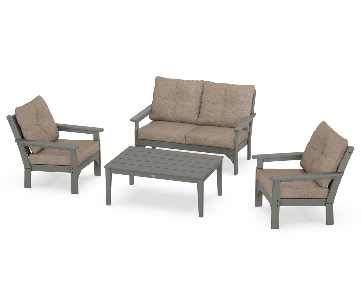 POLYWOOD Vineyard 4-Piece Deep Seating Set with Two Chairs and Loveseat in Slate Grey / Spiced Burlap