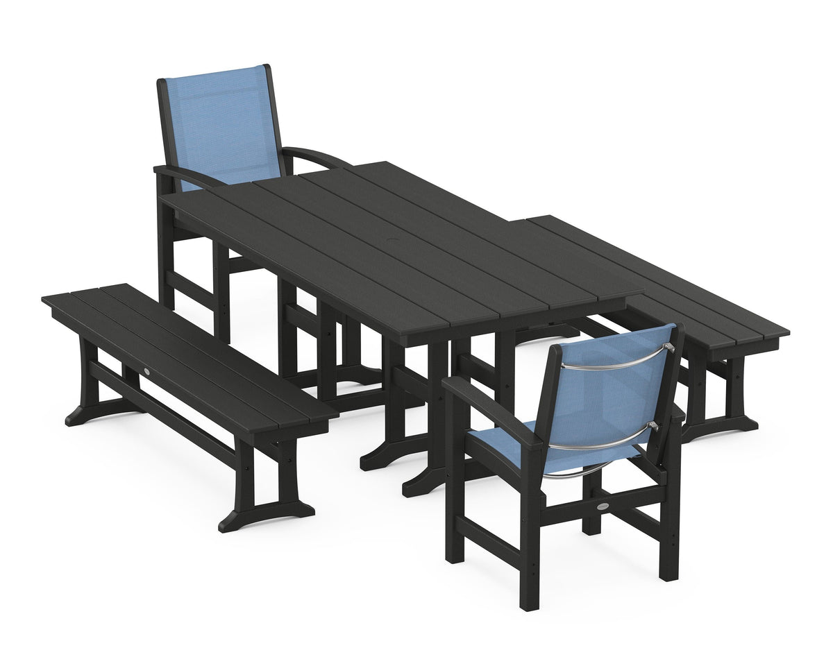 POLYWOOD Coastal 5-Piece Farmhouse Dining Set with Farmhouse 37" x 72" Dining Table in Black / Poolside
