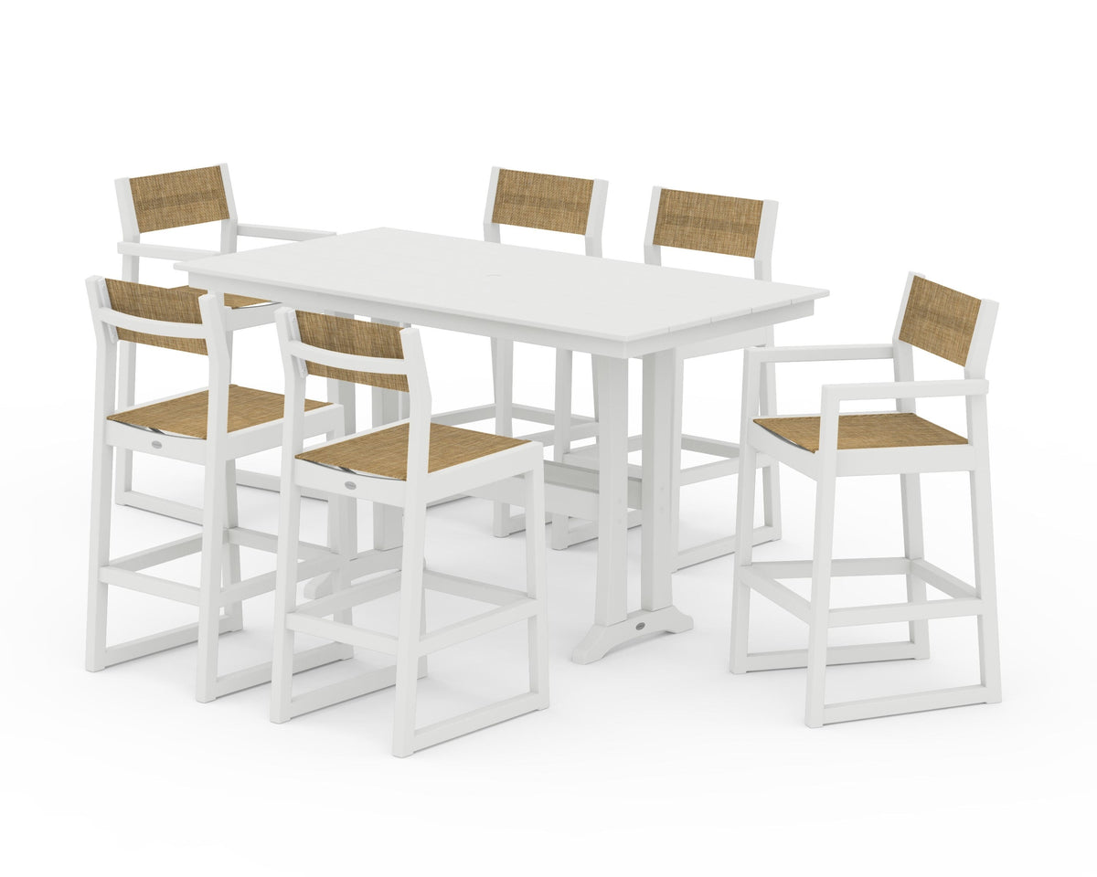 POLYWOOD EDGE Sling 7-Piece Farmhouse Bar Set with Trestle Legs in Vintage White / Burlap