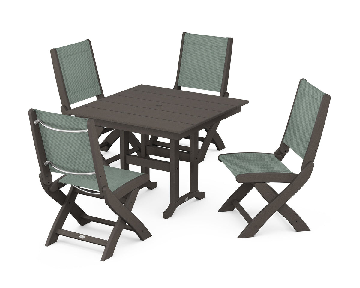 POLYWOOD Coastal Folding Side Chair 5-Piece Farmhouse Dining Set in Vintage Coffee / Dupioni Sea Mist