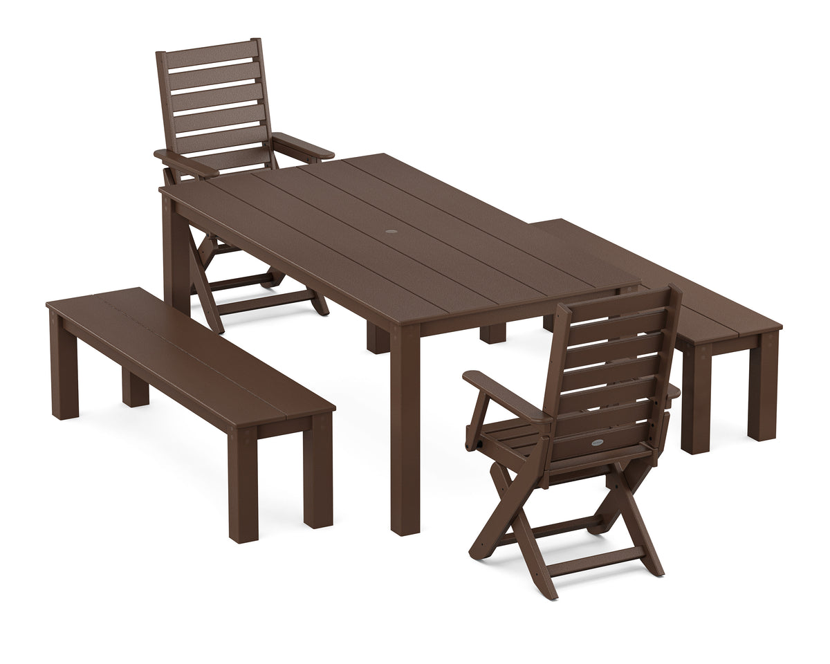 POLYWOOD Captain Folding Chair 5-Piece Parsons Dining Set with Benches in Mahogany