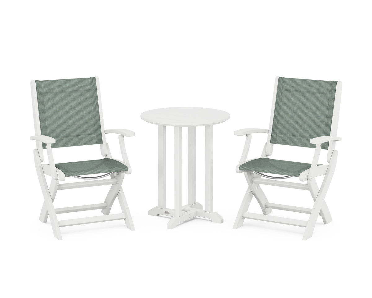 POLYWOOD Coastal Folding 3-Piece Round Bistro Dining Set in White / Dupioni Sea Mist