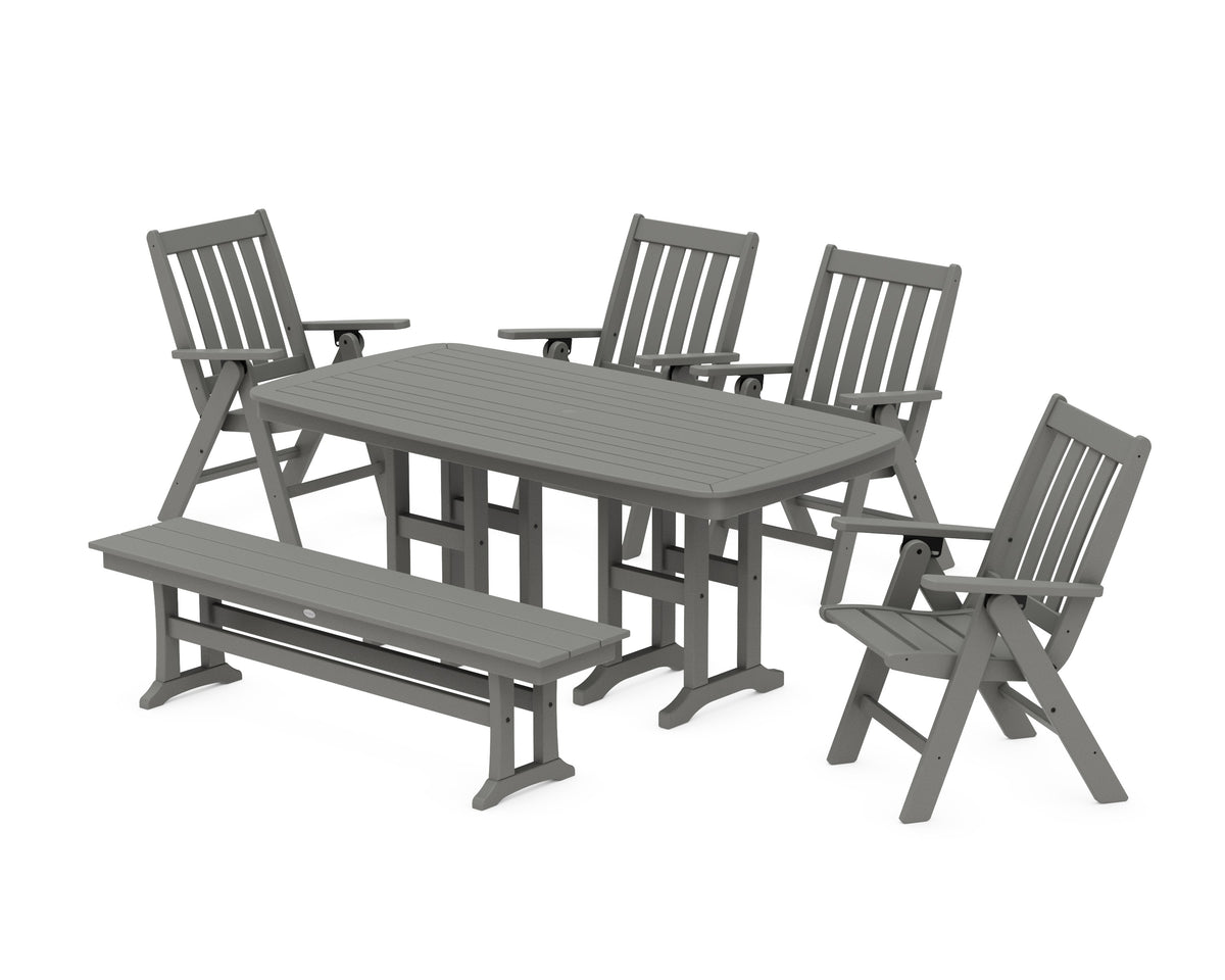 POLYWOOD Vineyard Folding Chair 6-Piece Dining Set with Bench in Slate Grey