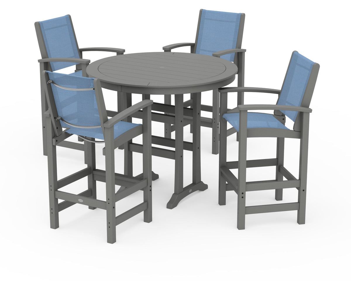 POLYWOOD Coastal 5-Piece Nautical Trestle Bar Set in Slate Grey / Poolside