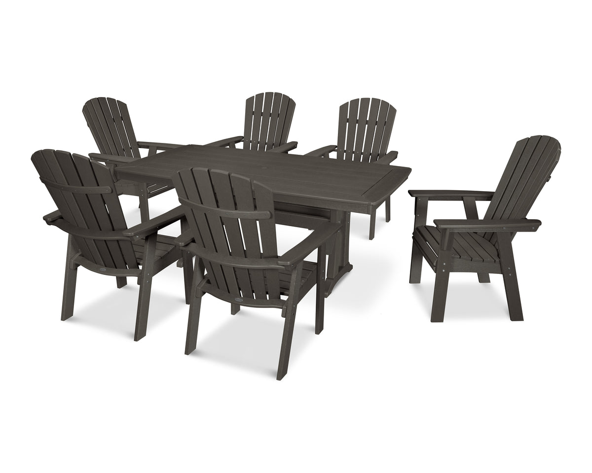 POLYWOOD Nautical Curveback Adirondack 7-Piece Dining Set with Trestle Legs in Vintage Coffee