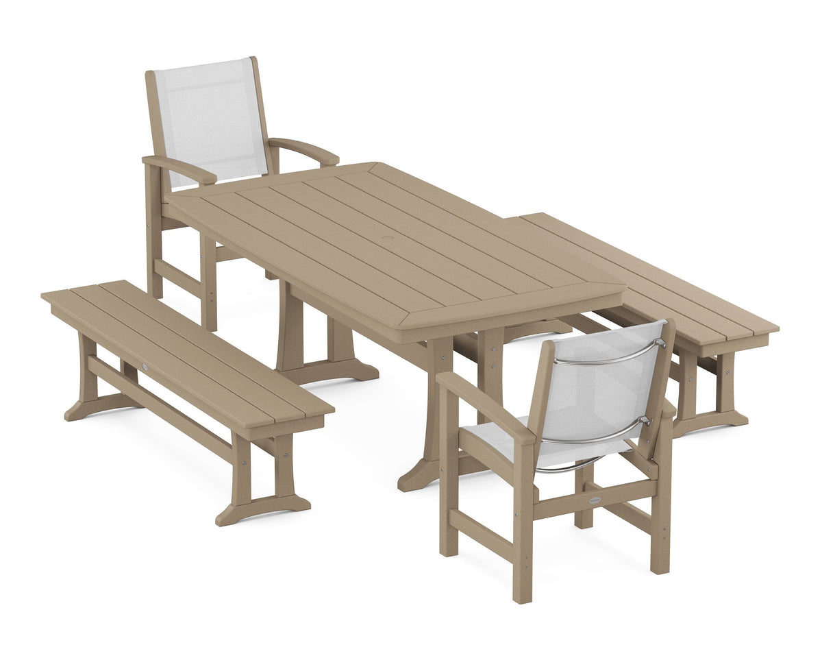 POLYWOOD Coastal 5-Piece Dining Set with Trestle Legs and Benches in Vintage Sahara / White