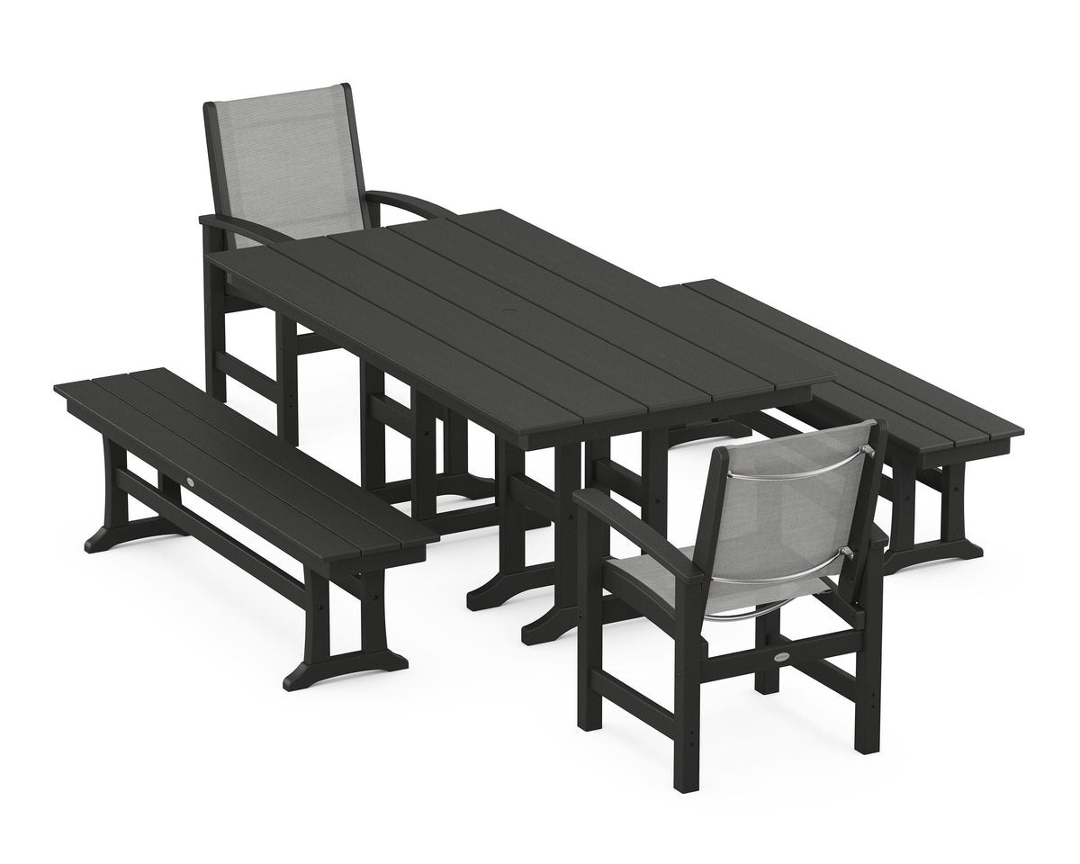 POLYWOOD Coastal 5-Piece Farmhouse Dining Set with Farmhouse 37" x 72" Dining Table in Black / Metallic