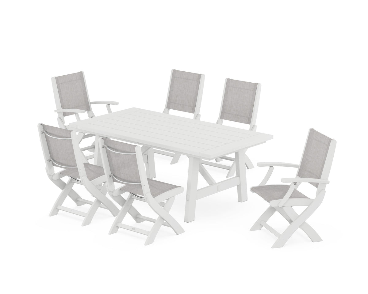 POLYWOOD Coastal Folding Chair 7-Piece Rustic Farmhouse Dining Set in White / Parchment