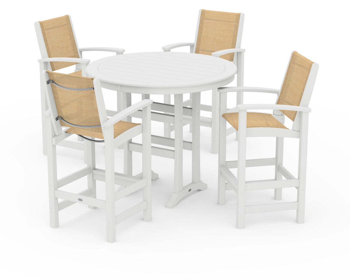 POLYWOOD Coastal 5-Piece Nautical Trestle Bar Set in White / Dupioni Apricot