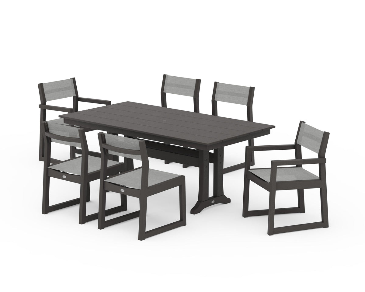 POLYWOOD EDGE Sling 7-Piece Farmhouse Trestle Dining Set in Vintage Coffee / Metallic