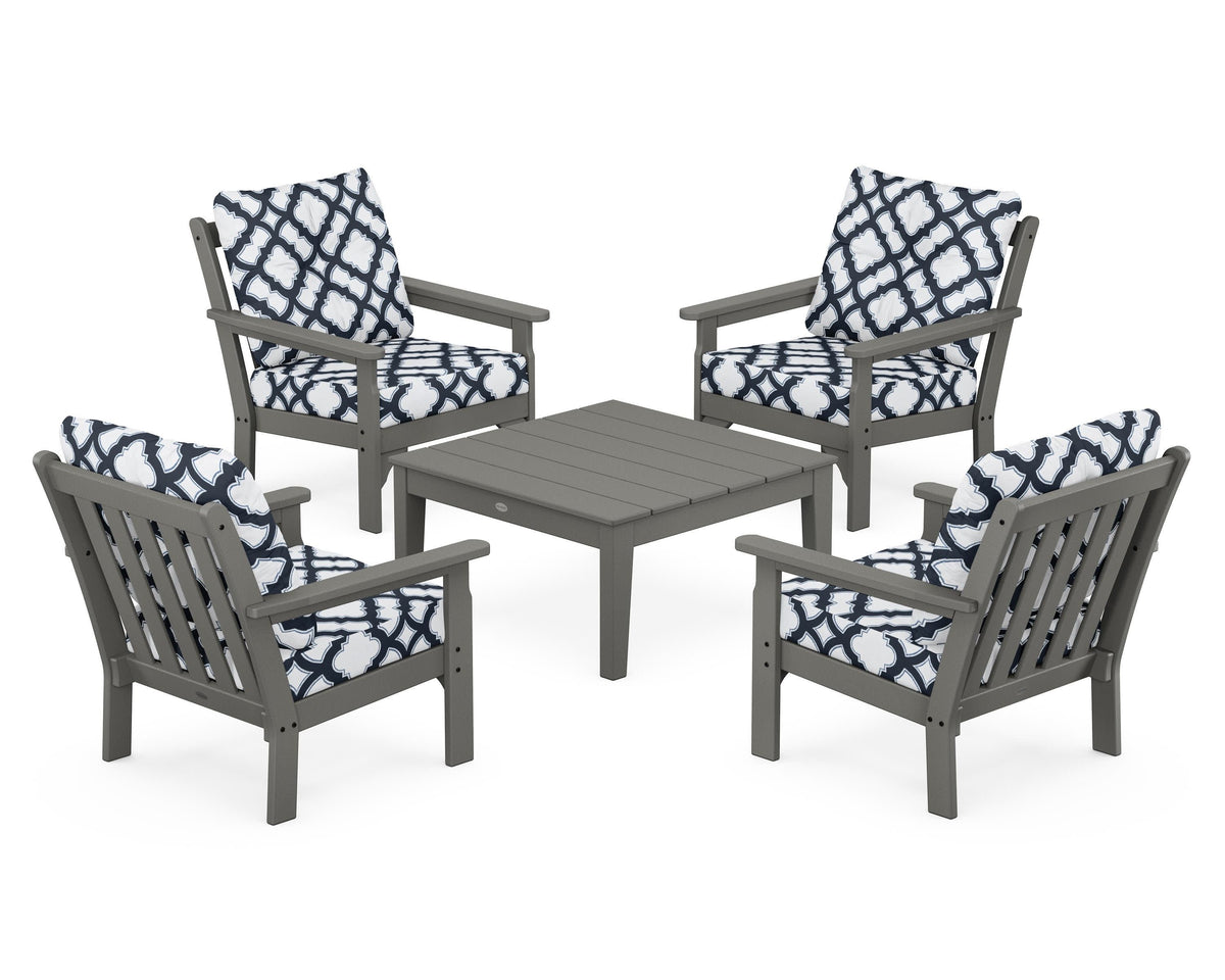 POLYWOOD Vineyard 5-Piece Deep Seating Conversation Set in Slate Grey / Trellis Marine Indigo