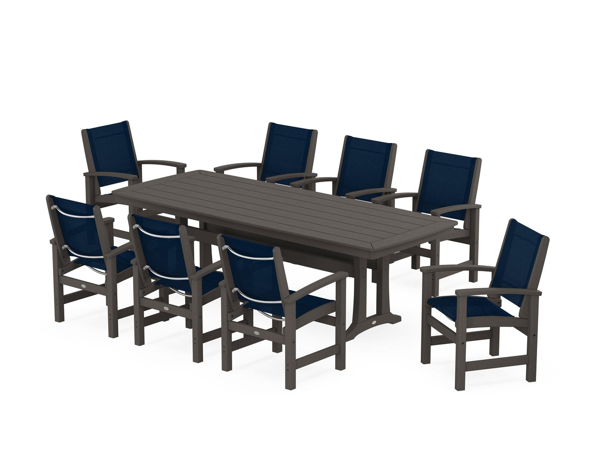POLYWOOD Coastal 9-Piece Dining Set with Trestle Legs in Vintage Coffee / Navy Blue