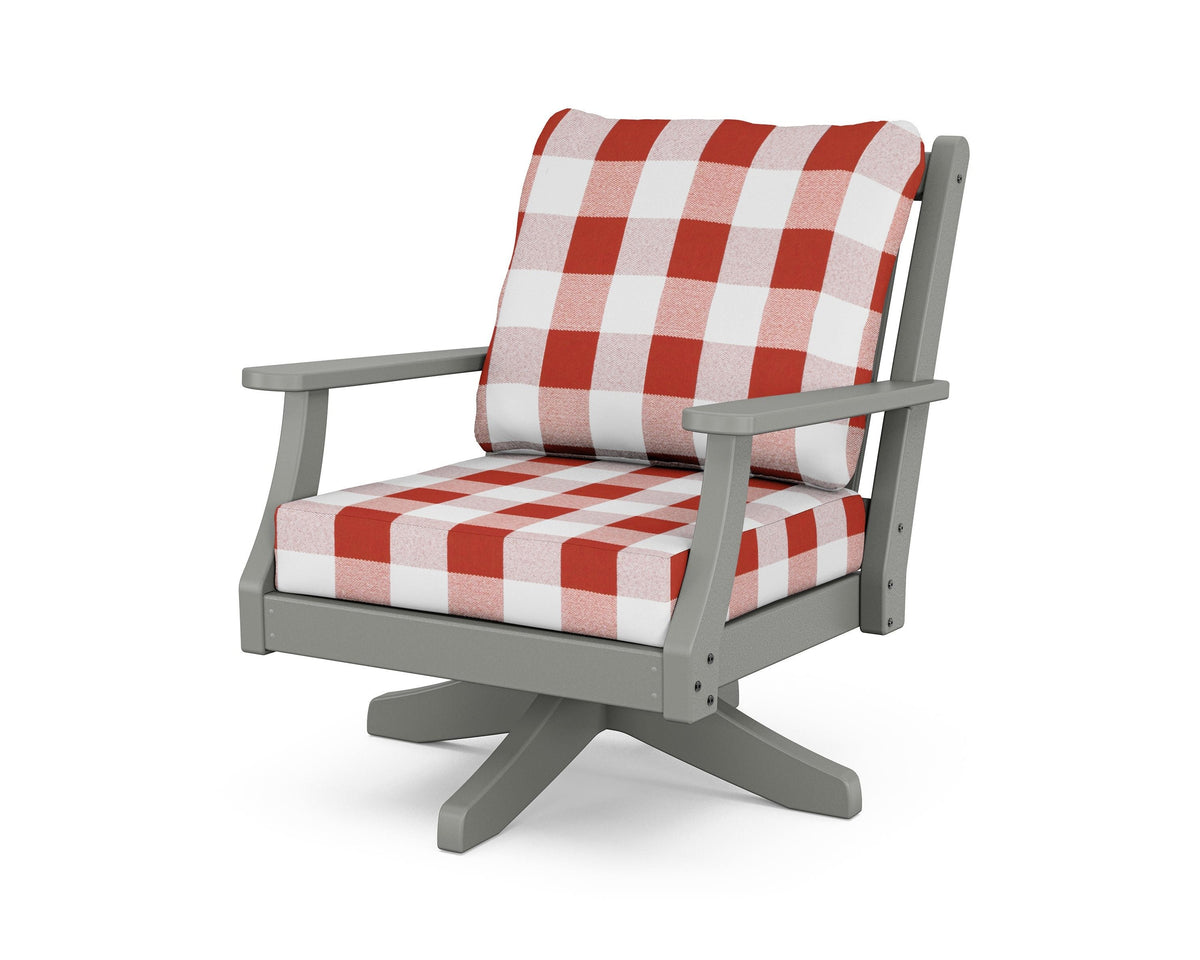 POLYWOOD Wovendale Deep Seating Swivel Chair in Slate Grey / Buffalo Plaid Crimson
