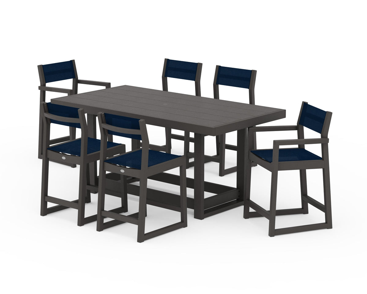 POLYWOOD EDGE Sling 7-Piece Counter Table Set in Vintage Coffee / Navy Blue