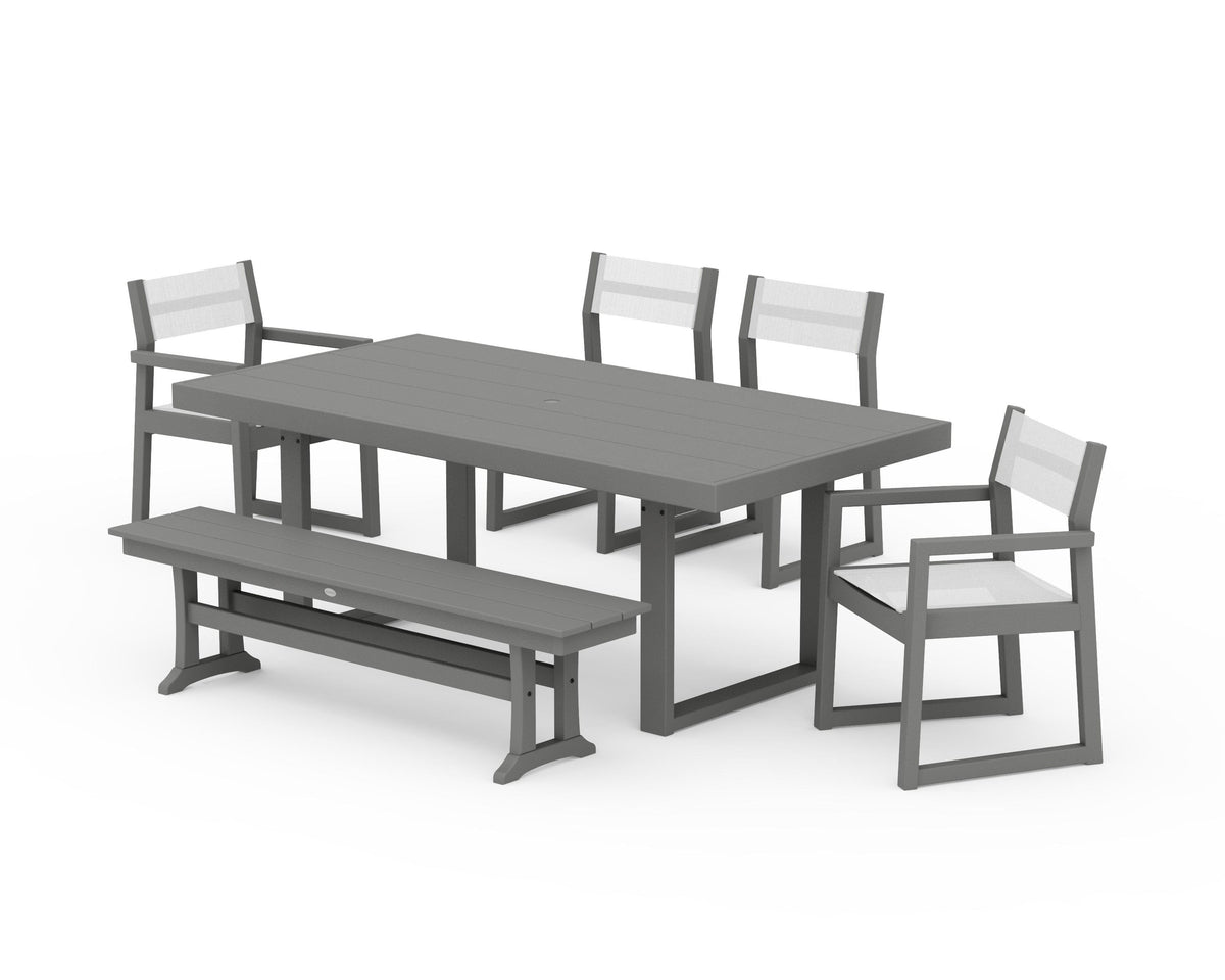 POLYWOOD EDGE Sling 6-Piece Dining Set with Bench in Slate Grey / White