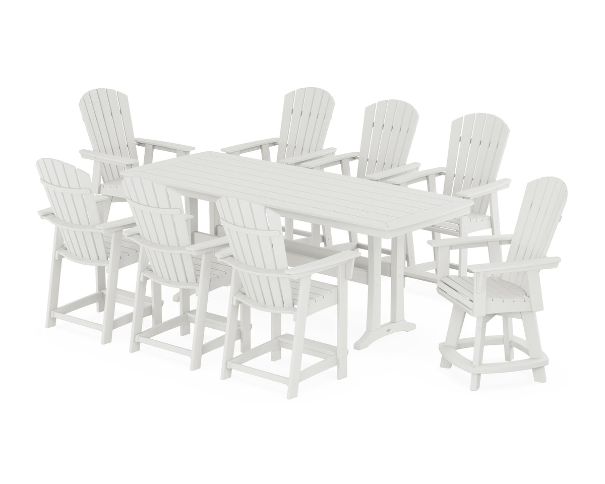 POLYWOOD Nautical Curveback Adirondack Swivel 9-Piece Counter Set with Trestle Legs in Vintage White