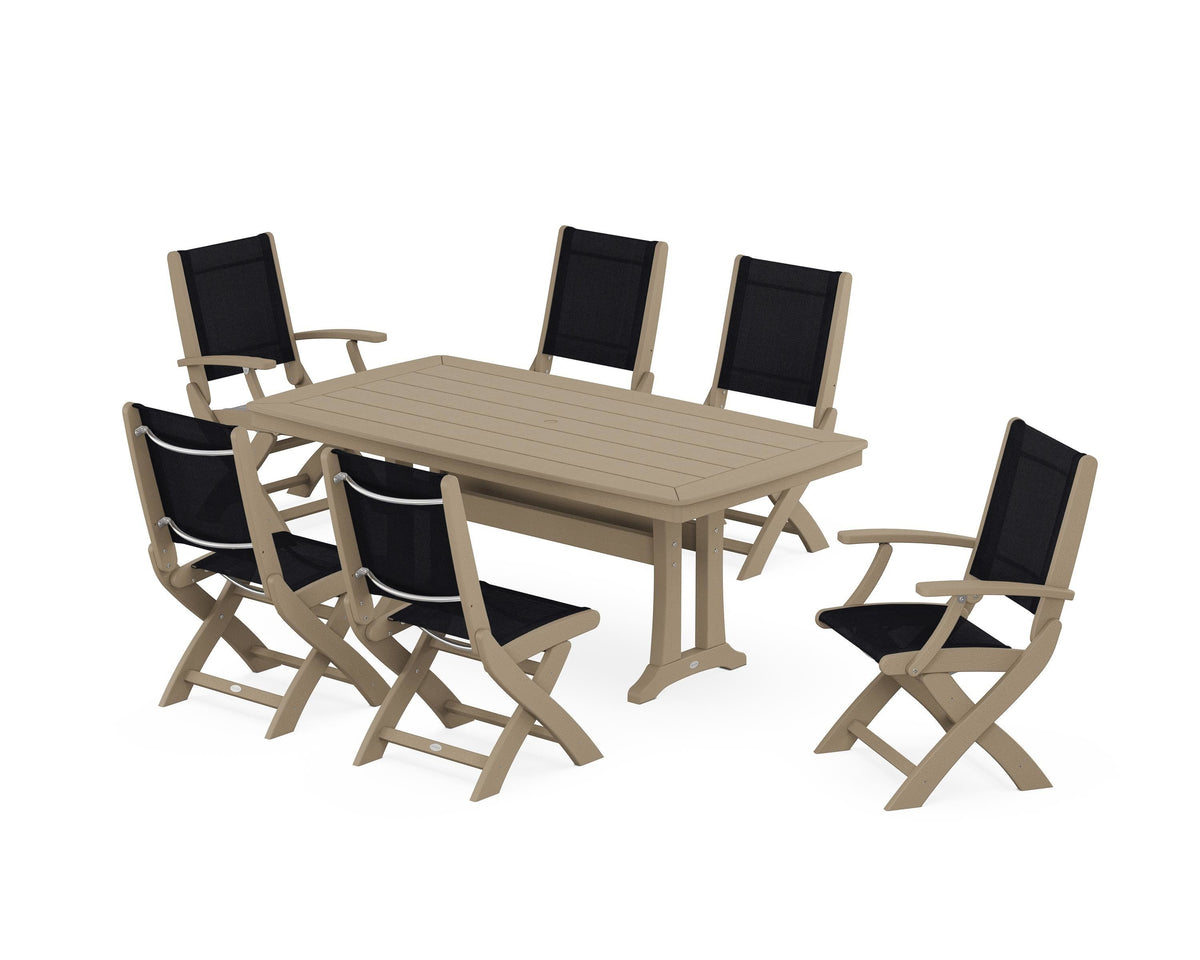 POLYWOOD Coastal Folding Chair 7-Piece Dining Set with Trestle Legs with Nautical Trestle 38" x 73" Dining Table in Vintage Sahara / Black