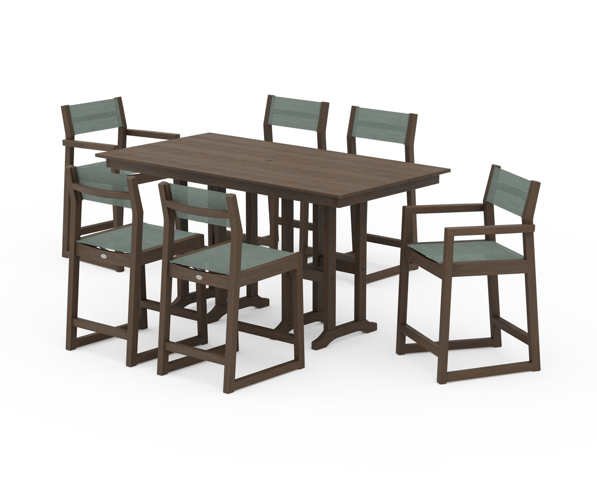 POLYWOOD EDGE Sling 7-Piece Farmhouse Counter Set with Trestle Legs in Kona / Dupioni Sea Mist
