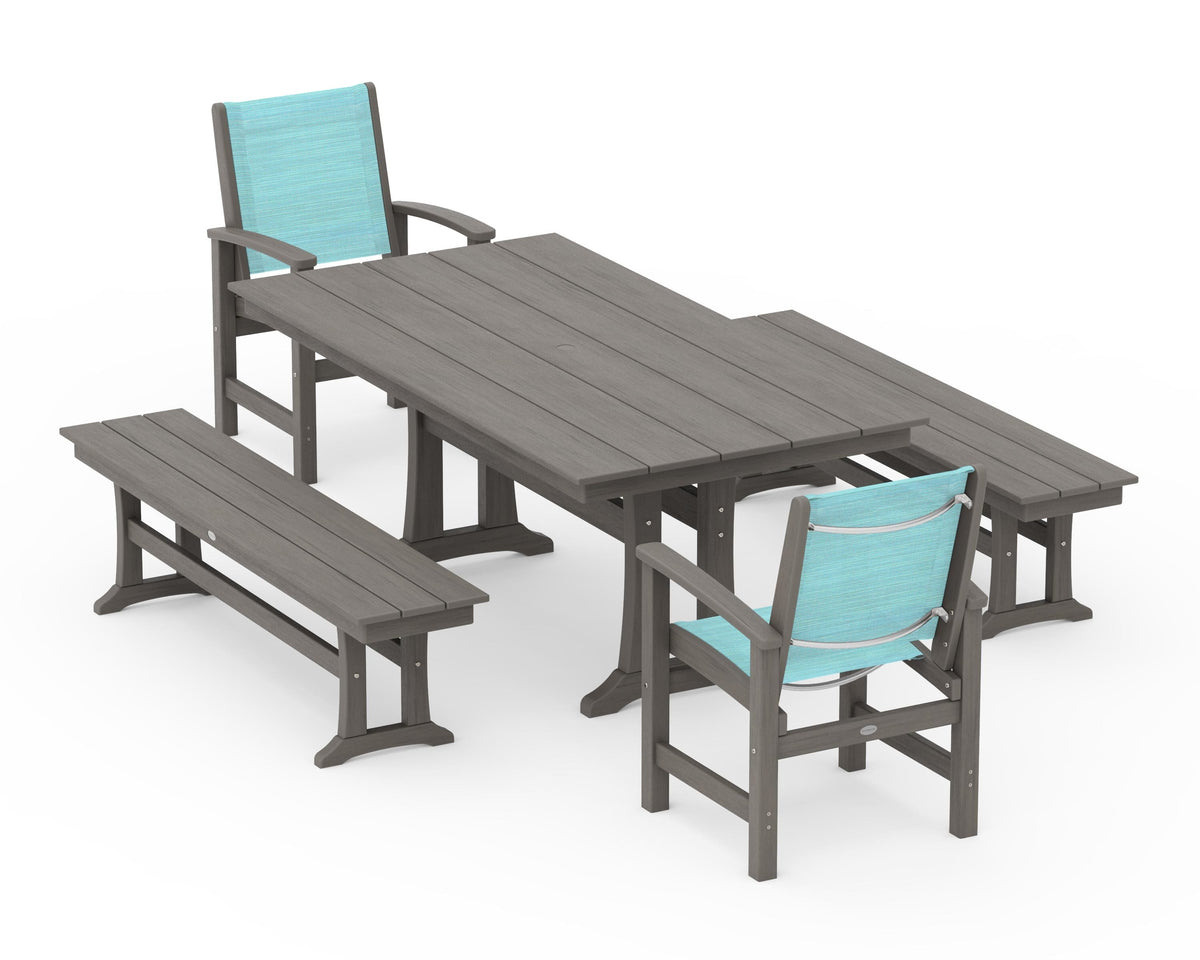 POLYWOOD Coastal 5-Piece Farmhouse Dining Set with Trestle Legs and Benches in Driftwood / Dupioni Aquamarine