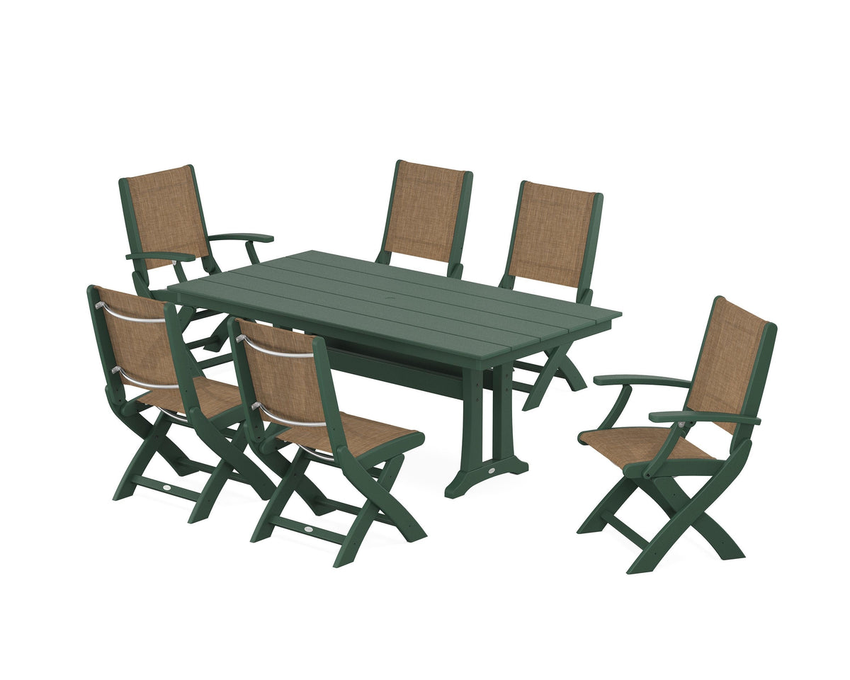 POLYWOOD Coastal Folding Chair 7-Piece Farmhouse Dining Set with Trestle Legs in Green / Burlap