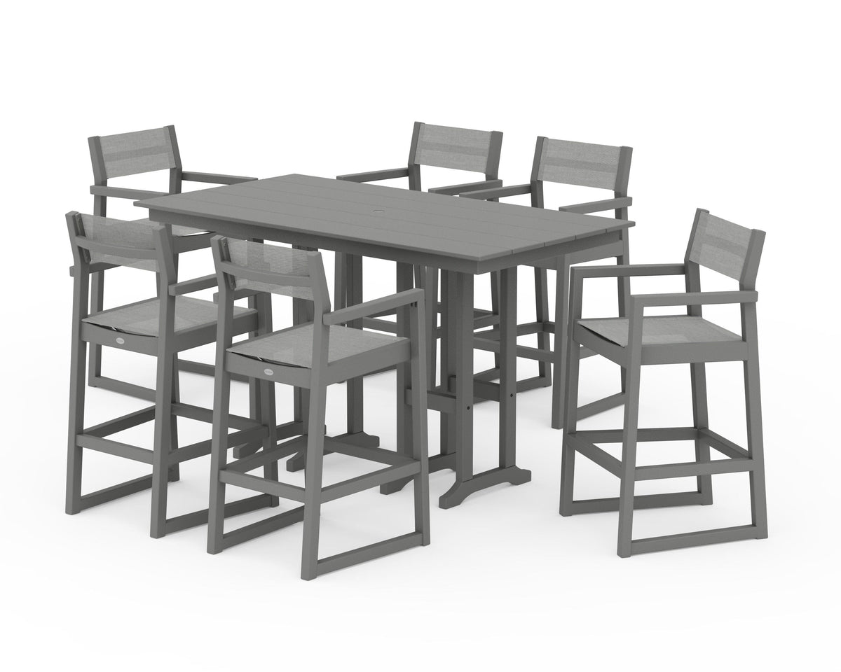POLYWOOD EDGE Sling Arm Chair 7-Piece Farmhouse Bar Set in Slate Grey / Metallic