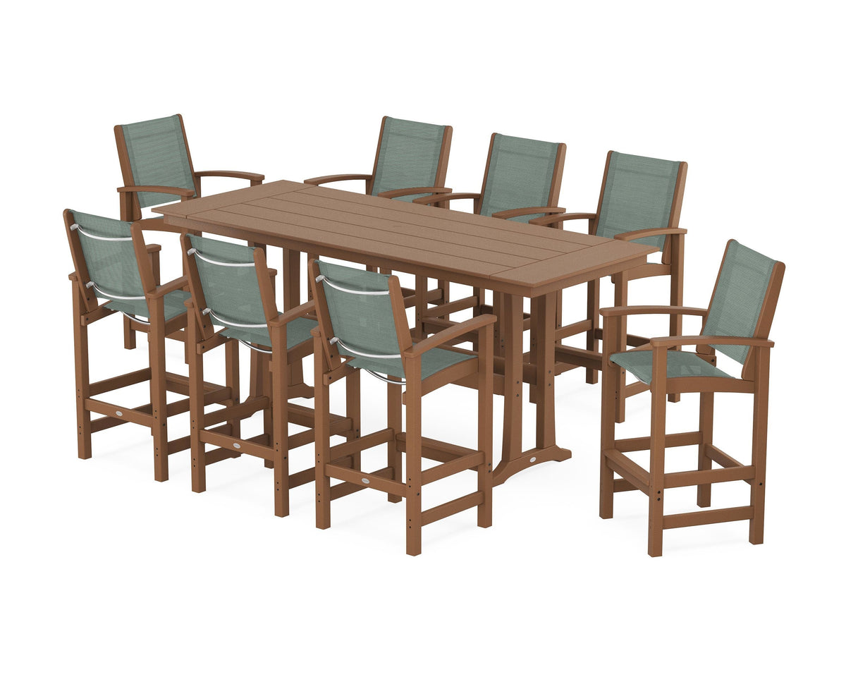 POLYWOOD Coastal 9-Piece Farmhouse Bar Set with Trestle Legs in Teak / Dupioni Sea Mist