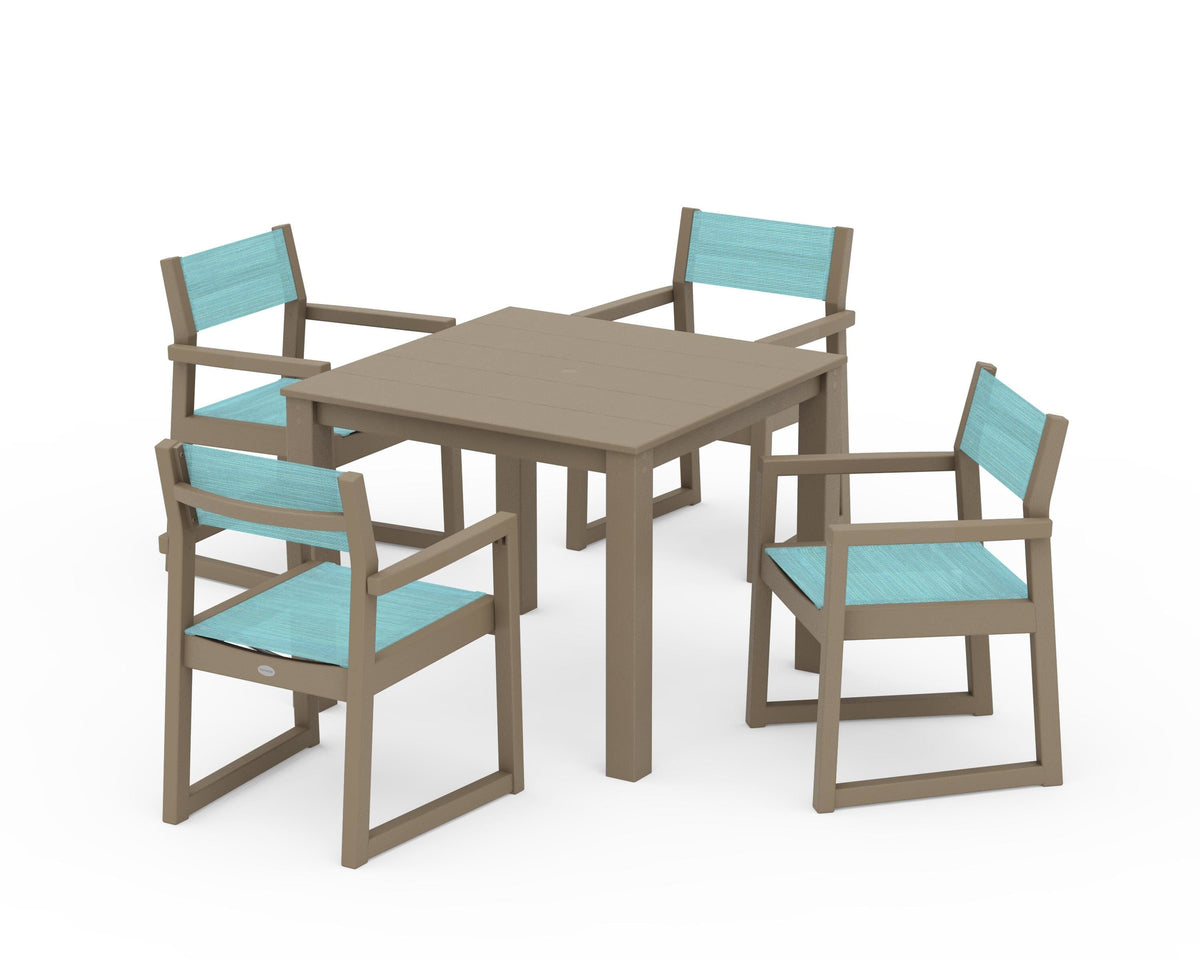 POLYWOOD EDGE Sling Arm Chair 5-Piece Parsons Dining Set in Vintage Sahara / Dupioni Aquamarine