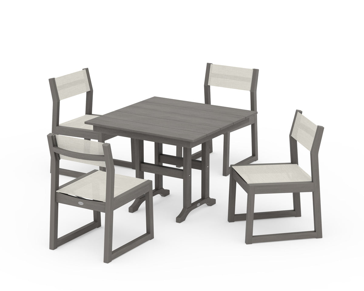 POLYWOOD EDGE Sling Side Chair 5-Piece Farmhouse Dining Set in Driftwood / Parchment