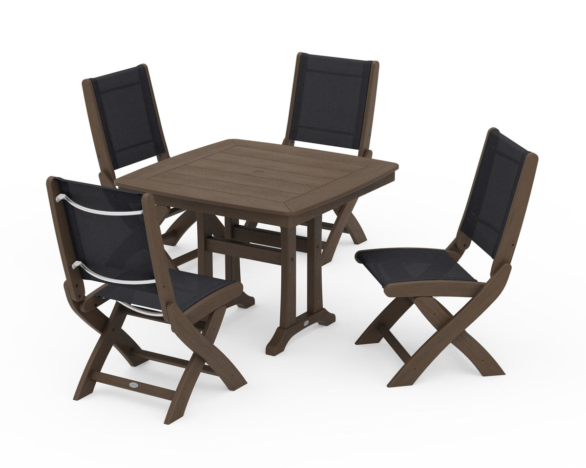 POLYWOOD Coastal Folding Side Chair 5-Piece Dining Set with Trestle Legs in Kona / Black