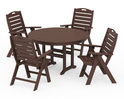 POLYWOOD Nautical Folding Chair 5-Piece Round Farmhouse Dining Set in Mahogany