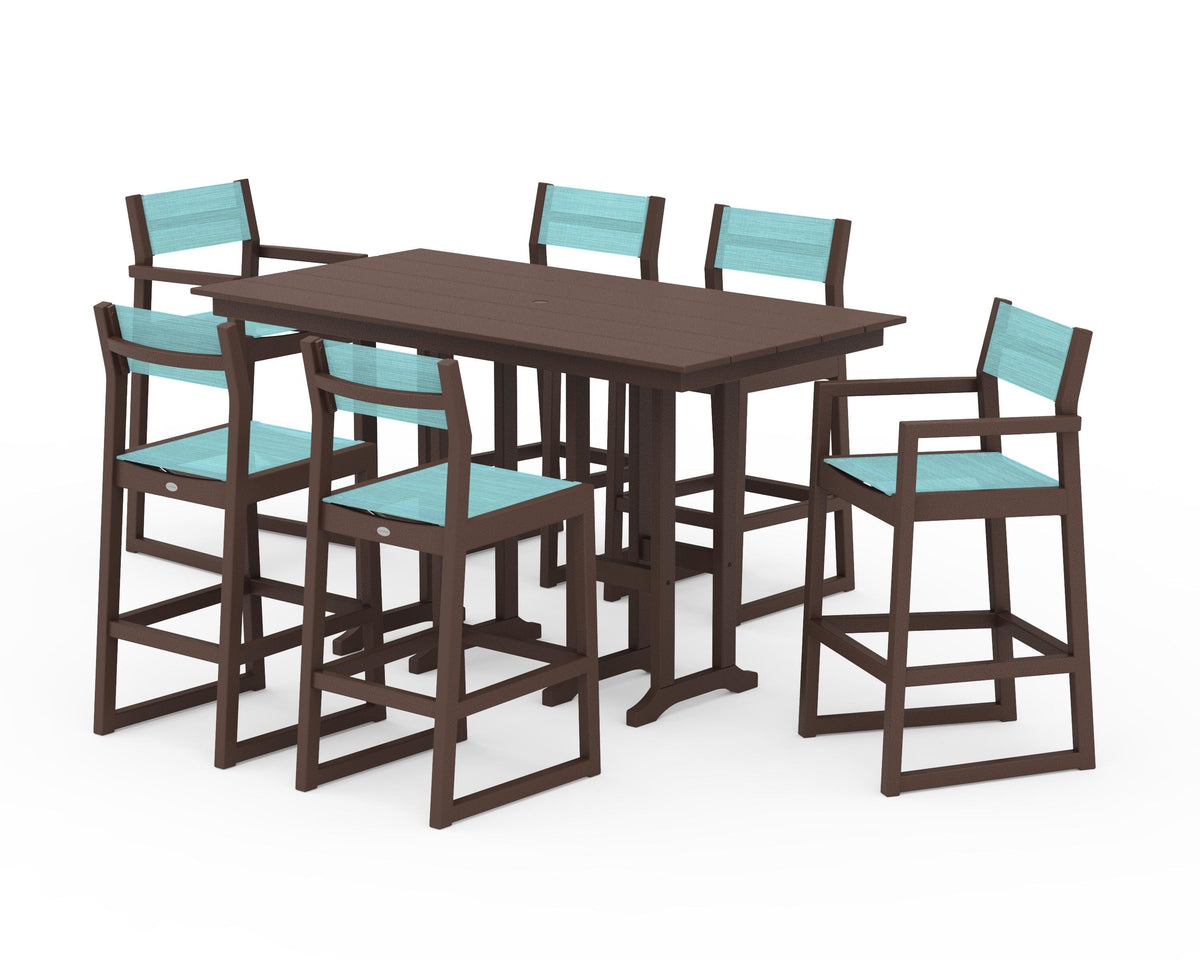 POLYWOOD EDGE Sling 7-Piece Farmhouse Bar Set in Mahogany / Dupioni Aquamarine